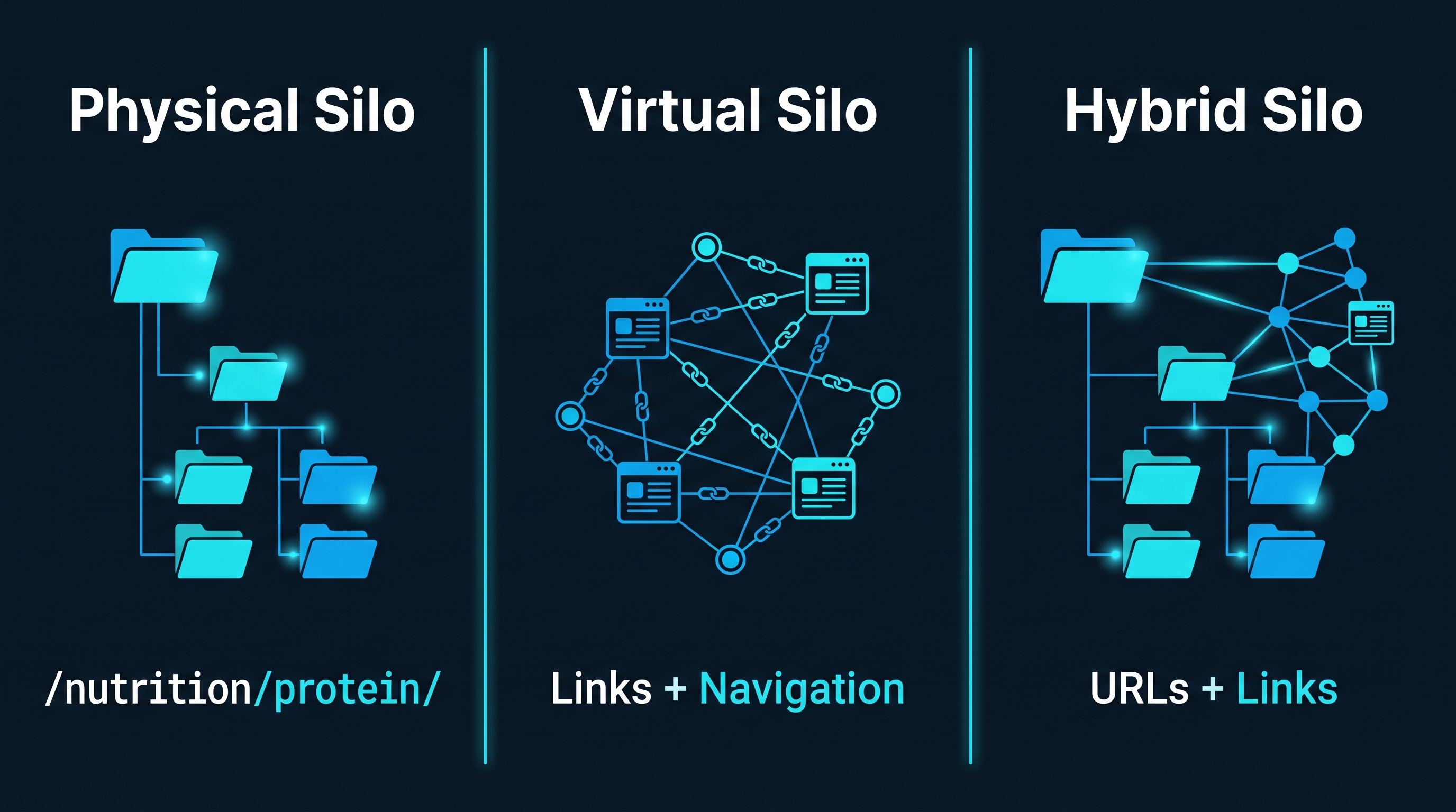Three-panel comparison of physical, virtual and hybrid SEO silo structures